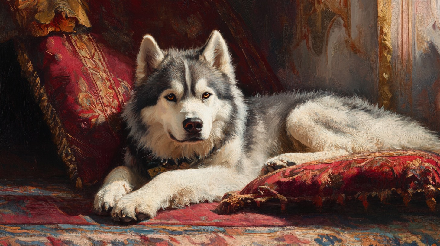 An Alaskan Malamute resting elegantly on a luxurious red patterned cushion, exuding a noble demeanor