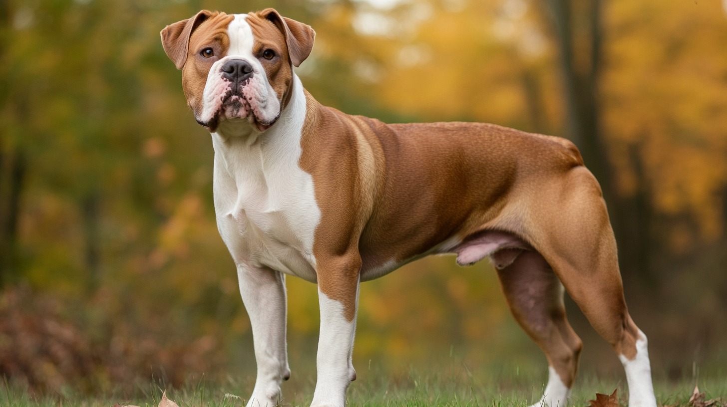 An American Bulldog standing on grass, showcasing its muscular build and confident posture