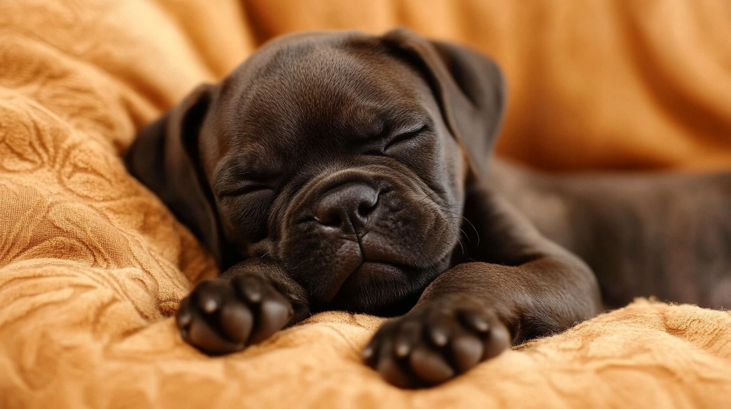 close-up of a sleeping brown Boxer puppy on a soft orange blanket, radiating calm and comfort