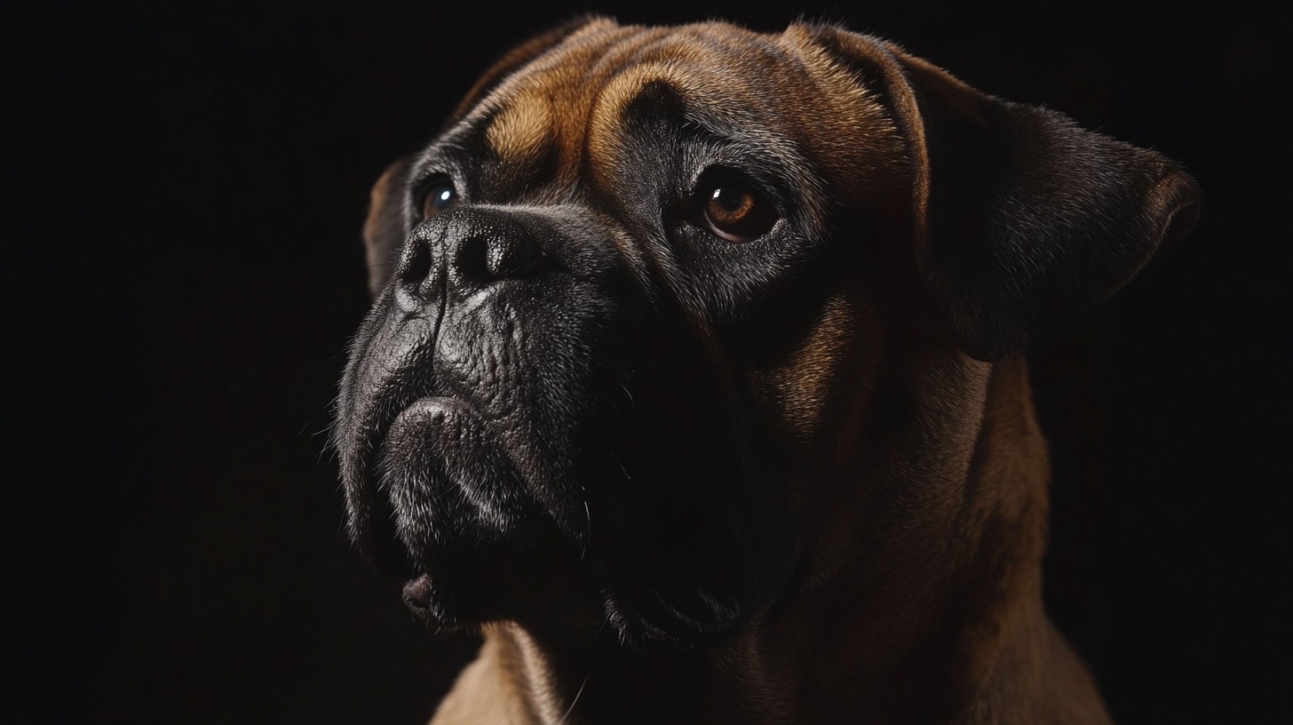 Close-up of a Bullmastiff's face, highlighting its expressive eyes and muscular features against a dark background