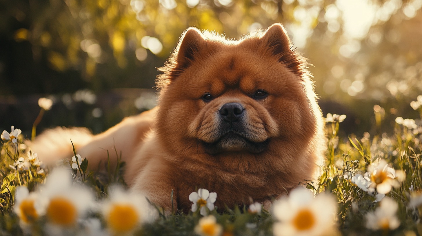 fluffy, reddish-brown Chow Chow lying in a field of daisies, bathed in warm sunlight