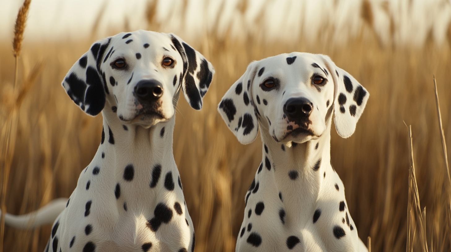 Two white Dalmatians with black spots standing in a golden field of tall grass, looking attentive and poised