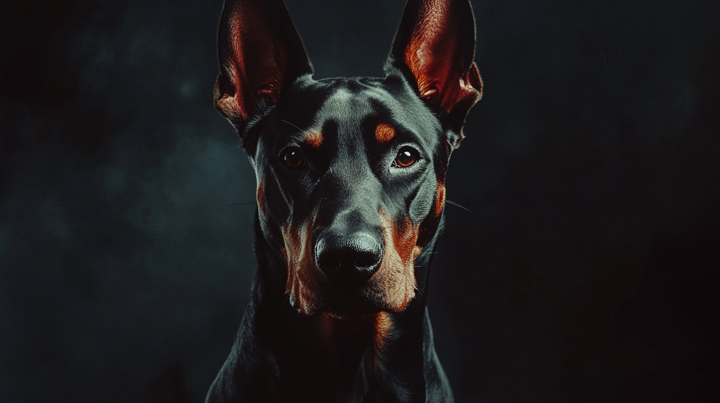 Doberman Pinscher with sharp, alert ears and a focused expression, set against a dark background