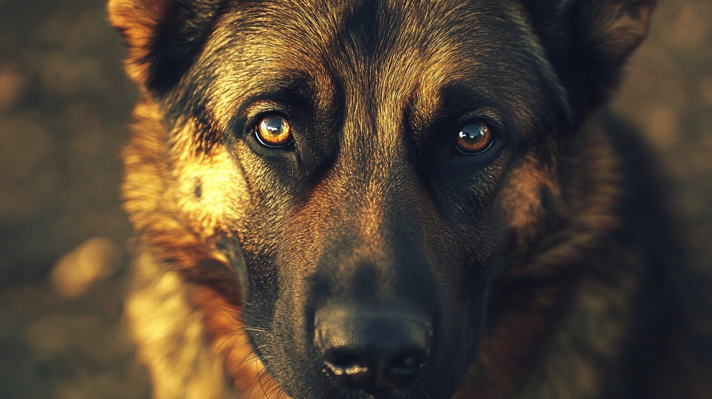 Close-up of a German Shepherd's face with expressive amber eyes, showcasing its intelligent and alert expression.