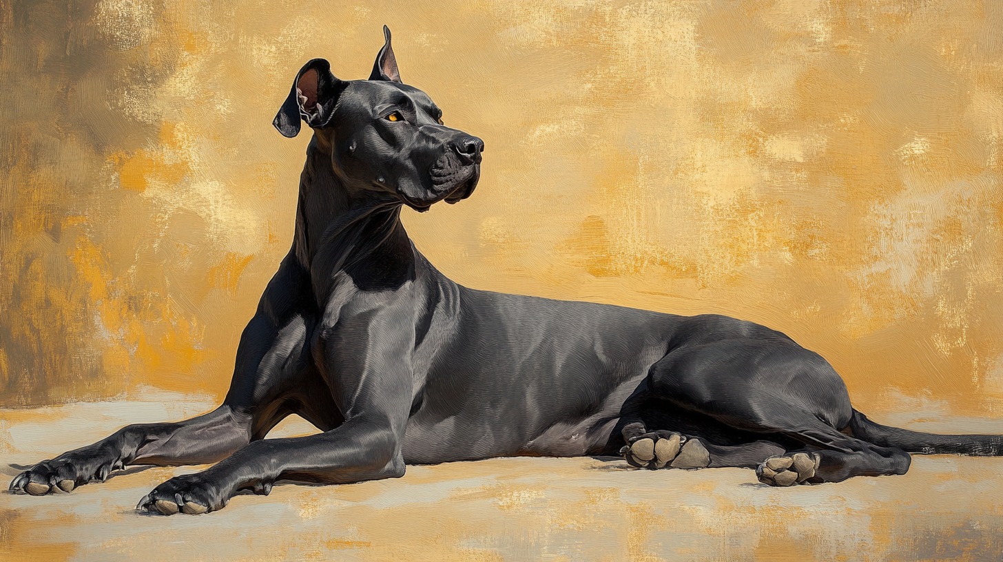 black Great Dane lying majestically against a golden textured background, exuding elegance and poise