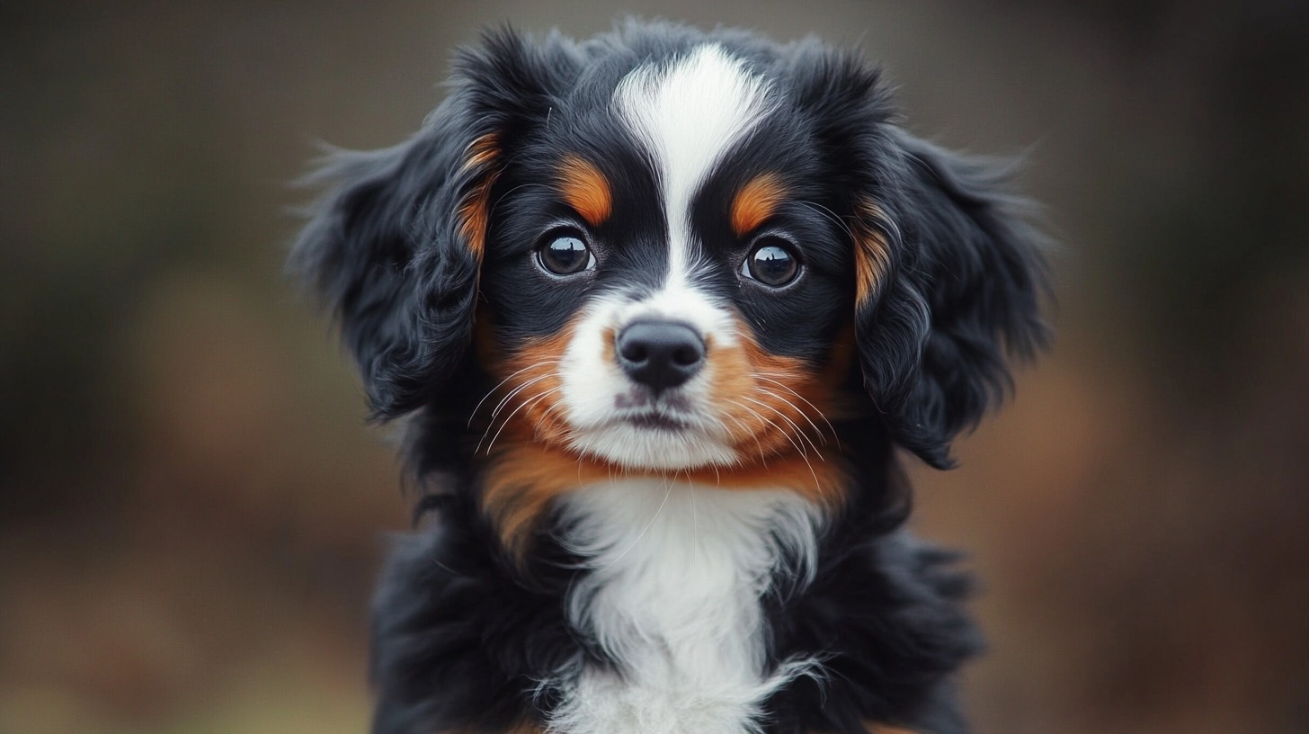 Close-up of a mixed-breed puppy with soft black, white, and tan fur, looking directly at the camera with bright, curious eyes