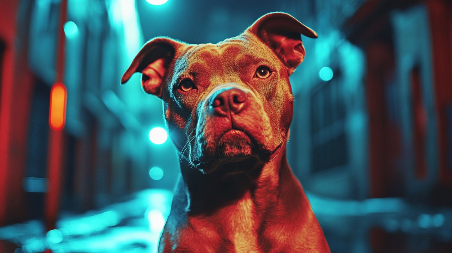 Close-up of a pit bull dog in an urban alley illuminated by vibrant blue and red lights