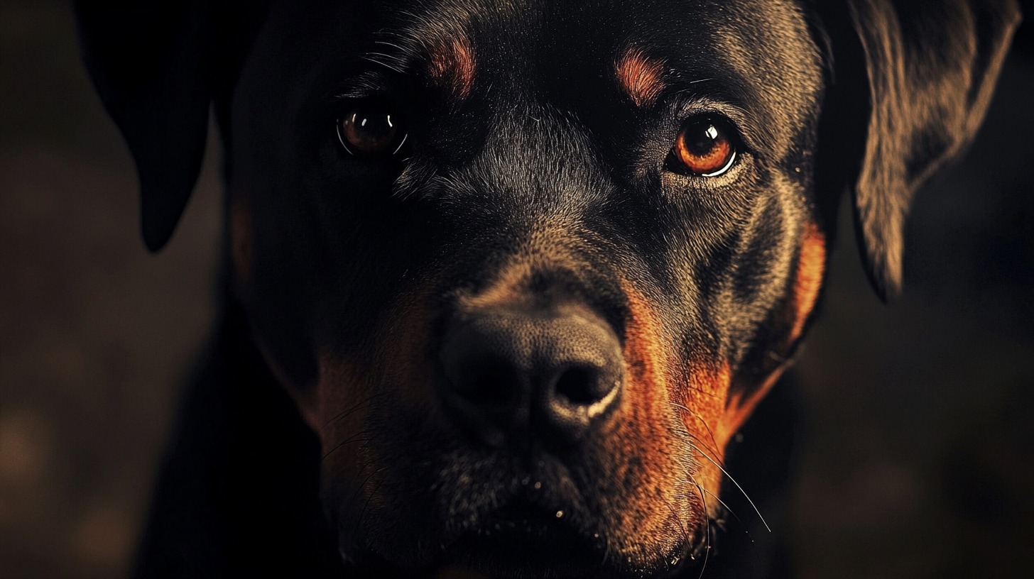 Close-up of a Rottweiler's face, highlighting its expressive brown eyes and strong features in dramatic lighting