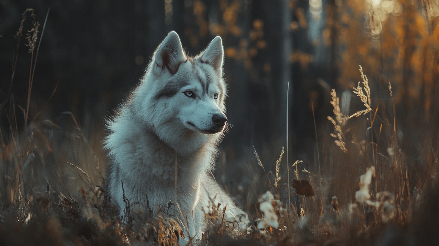 Siberian Husky with bright blue eyes, sitting in a serene autumn forest surrounded by tall grass