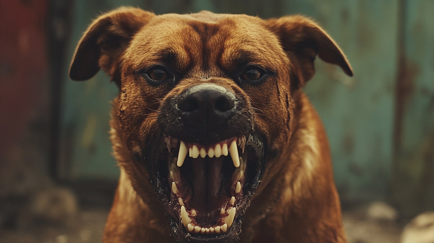 Close-up of an aggressive dog baring its teeth, displaying a warning posture