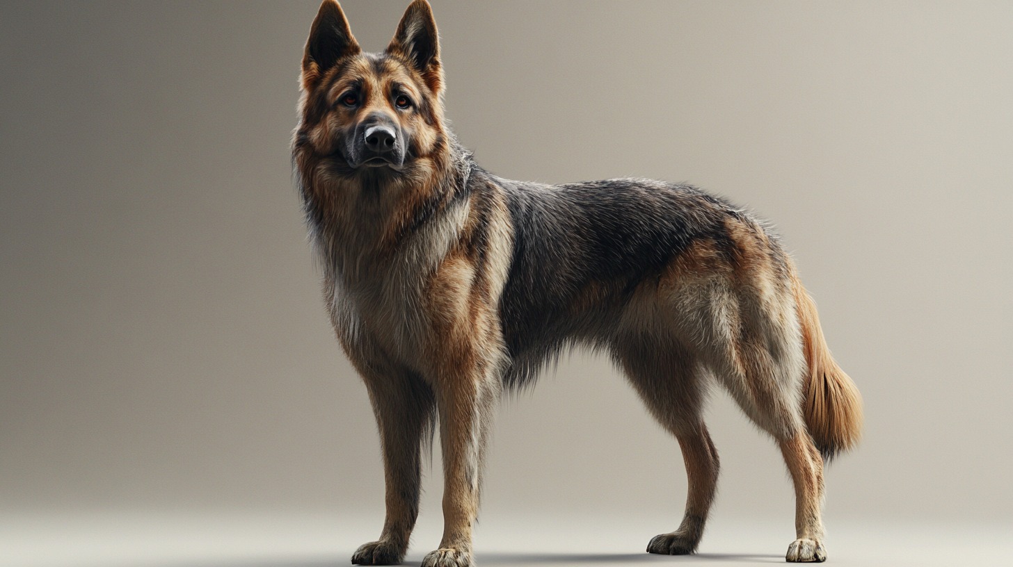 German Shepherd standing alert with a sleek coat, looking confidently at the camera